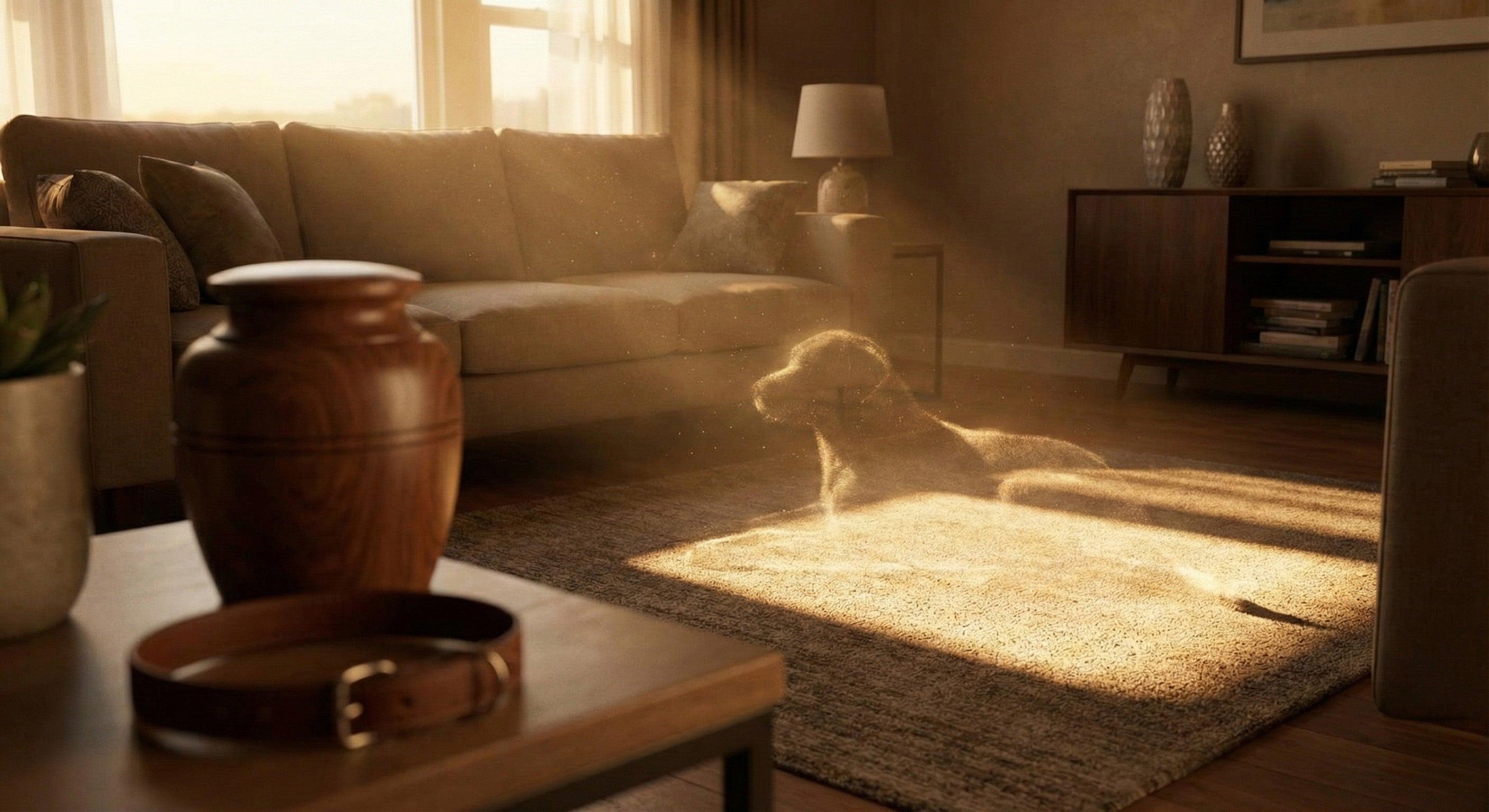 A wooden pet urn resting on a coffee table with the gentle memory of a golden retriever in a warm beam of light
